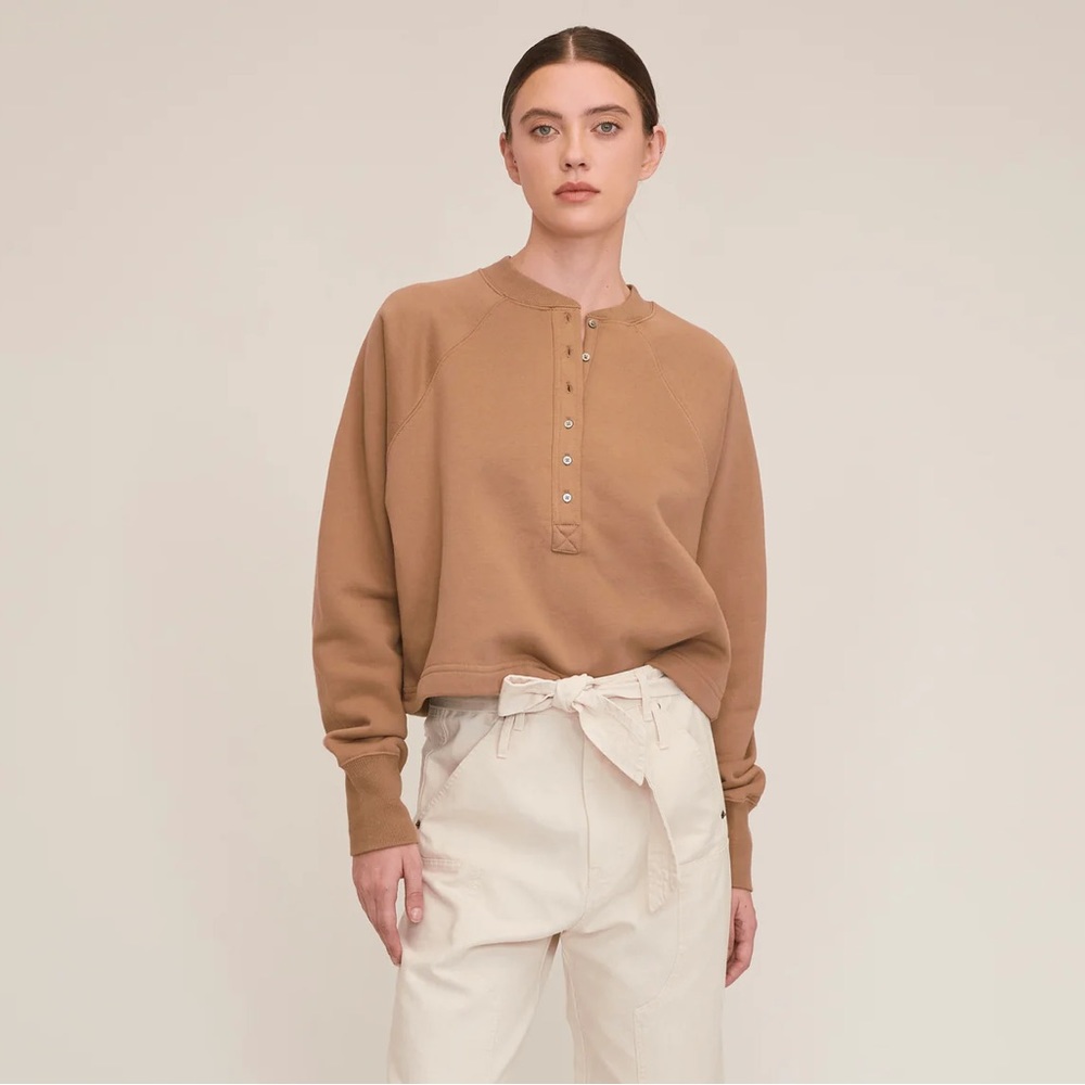 Marissa Webb SO UPTIGHT PLUSH PLUNGE HENLEY SWEATSHIRT IN LIGHT MOCHA